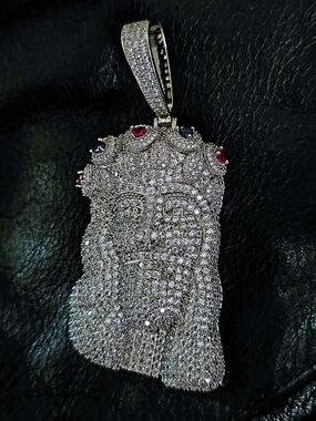 Pave Jesus Head Pendant with Red & Blue Accents